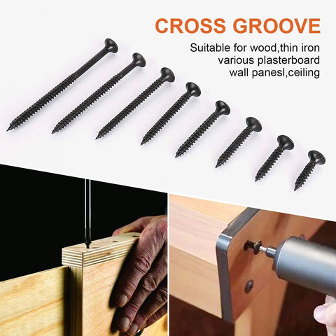 Pro Grade Drywall Screws Set With 190 Pcs Black Steel Self Tapping Phillips Screws Eight Size Assortment displayed with usage examples