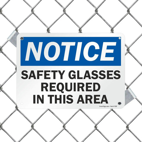 Heads Up Notice Sign Safety Glasses Required In This Area 7x10 Inch Plastic Sign HDPE Durable Black On White With Blue Accent
