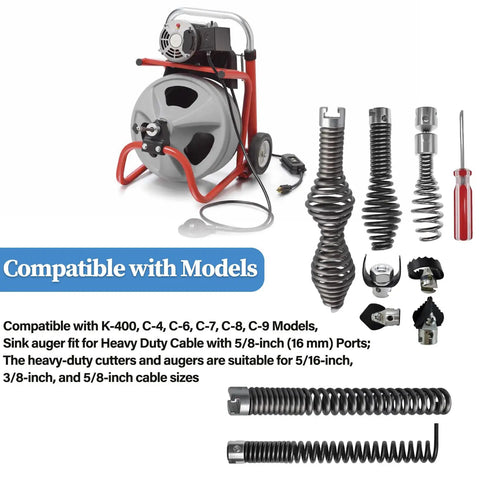 Reliable Ten Piece Drain Snake Drill Attachment And Heavy Duty Spiral Auger Cutter Set For Five Eighth Inch Pipes with compatible models.