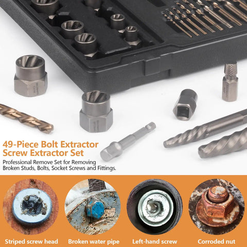 49 Piece Screw And Bolt Extractor Tool Set With Left Hand Drill Bits And Nut Removers For Damaged Stripped Bolts And Screws