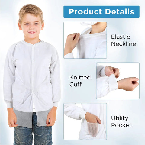 20 Pack Disposable Kids Lab Coats White Scientist Costume Set With Elastic Knit Cuffs For Children, close-up on details
