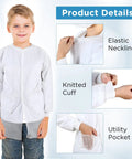 Child wearing Ten Pack Kids Disposable Lab Coats White Science Coats With Elastic Knit Cuffs And Front Snap Fasteners, showing features.