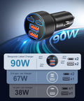 Super Fast 4 Port Car Charger Pumping Out 90W Power, featuring USB ports and sleek design for car use.