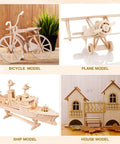 Basswood sheets 18x24x1/8 in unfinished boards for crafts; collage of bike, plane, ship and house models.