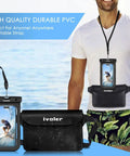 Two Pack Waterproof Fanny Pack And Phone Pouch Dry Bag Set for passport phone and wallet, shown on a person at the beach.