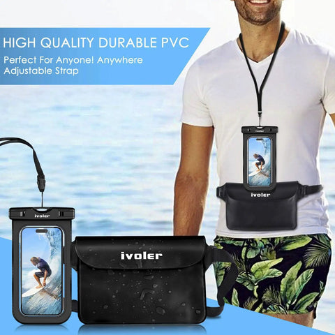 Two Pack Waterproof Fanny Pack And Phone Pouch Dry Bag Set for passport phone and wallet, shown on a person at the beach.