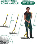 Woman holding 2-In-1 Dethatching Rake For Lawns With Adjustable Head And 55-Inch Heavy-Duty Metal Construction, showing handle length.