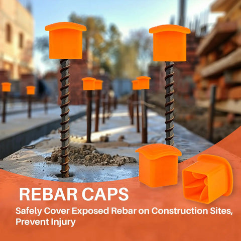 Orange Mushroom Rebar Caps Set For T Posts, 60 Pack Safety End Covers in use on construction site rebar, durable PP material