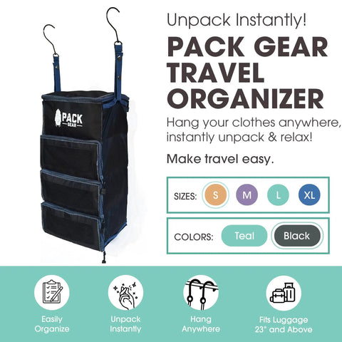 Hanging Carry On Organizer For Travel, Standard Luggage Closet Organizer With Mesh Windows, Black Small, shown unpacked