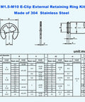 Technical diagram and dimensions of 250 Piece Stainless Steel E Clip External Retaining Ring Assortment Kit Ten Metric Sizes
