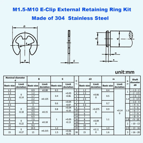 Technical diagram and dimensions of 250 Piece Stainless Steel E Clip External Retaining Ring Assortment Kit Ten Metric Sizes