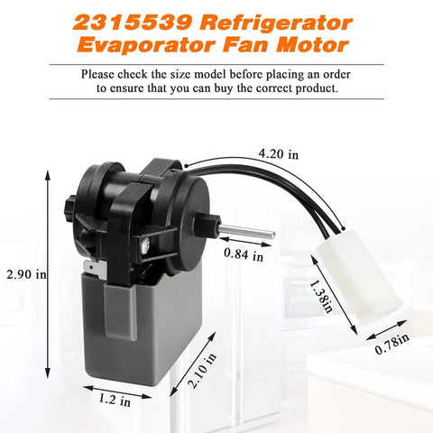 Go-To Replacement Refrigerator Evaporator Fan Motor 115V 60Hz For Whirlpool And Kenmore Refrigerators dimensions shown