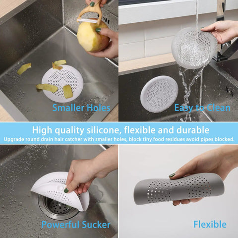 Top Shelf 2 Pack Heavy Duty Silicone Drain Hair Catcher Featuring Rock Solid Suction Cups Sticks Like Glue Stops Hair Clogs Cold And Keeps Your Plumbing Spotless White in a kitchen sink.