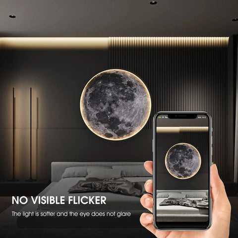 Moon Design Flush Mount Led Ceiling Light Fixture With Remote Dope Vibe Dimmable 50W in bedroom showing dimming feature on phone app.