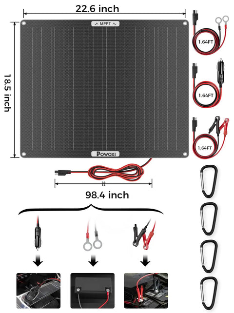 50W Solar Battery Charger with MPPT Controller for RVs, Boats, Marine, Motorcycle, Trailer, Truck and Tractor Trickle Maintainer with Adjustable Parameters IP67 Waterproof ETFE Panel Kit for Outdoor Adventures, includes dimensions and connectors details