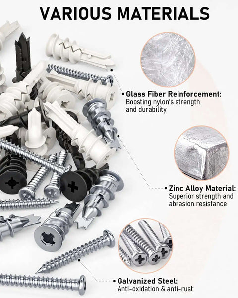 All In One 200 Piece Drywall Anchors And Screws Kit Self Drilling With Case DIY Friendly mix of nylon and zinc steel materials.