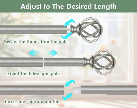 Built Tough Telescopic Curtain Rod Adjusts From 32 To 58 Inches Glides Smooth As Butter On Heavy Drapes showing setup instructions.
