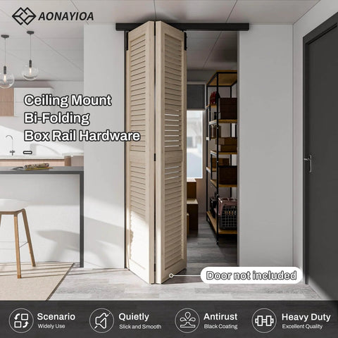 36 Inch Ceiling Mount Box Rail Hardware For Bifold Sliding Barn Doors Heavy Duty Aluminum Alloy Track Kit installed view