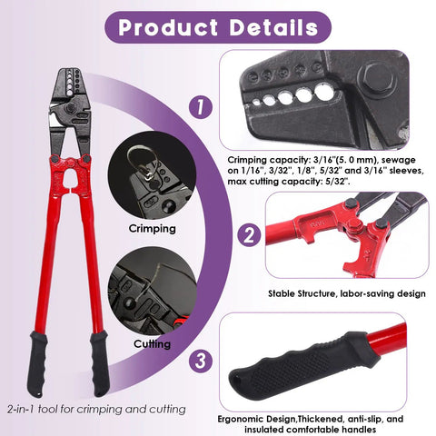 123 Piece Wire Rope Hand Swager Crimping Tool Kit With 24 Inch Cable Cutter highlighted features and details