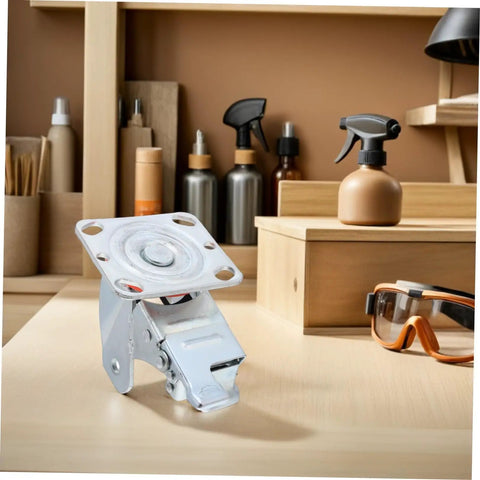 Heavy Duty Swivel Caster Bracket With Parking Brake on a workbench, showcasing silver steel frame and robust design.