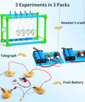 Seven In One STEM Kit For Kids Ages Eight To Twelve With Newton's Cradle, Telegraph, Fruit Battery visible.