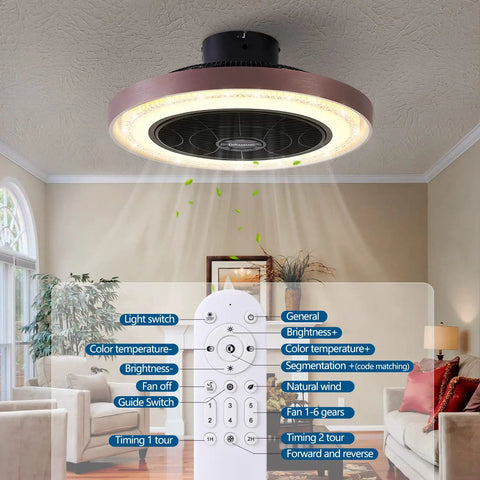 19 Inch Enclosed Ceiling Fan With Lights, 6 Speeds, Low Profile Flush Mount, living room view, remote control visible