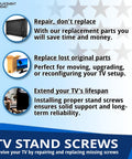 Top Shelf Replacement TV Stand Screws Compatible With Samsung 6003-001334 Metric Self Tapping Black Machine Fasteners on a graphic.