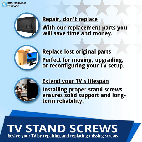 Top Shelf Replacement TV Stand Screws Compatible With Samsung 6003-001334 Metric Self Tapping Black Machine Fasteners on a graphic.