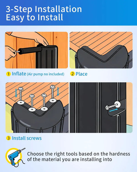 Three-step installation guide for Two Pack Dock Corner Bumpers Heavy Duty Marine Guard For Edge And Hull Protection Black UV Resistant PVC With Stainless Steel Hardware Vertical Install For Straight Corners.