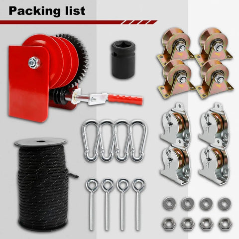 Packing list components of Heavy Duty Ceiling Mounted Garage Storage Lift System With Hand Crank Easy To Install One Person Operation