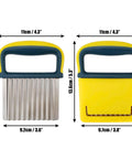 Front view of a crinkle cutter knife with stainless steel wavy blade, yellow/blue handle, and protective blade cover.