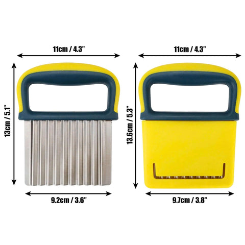 Front view of a crinkle cutter knife with stainless steel wavy blade, yellow/blue handle, and protective blade cover.