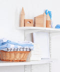 Twin Rail Upright Wall Shelving System Kit 47.5 Inch With 6 Shelf Brackets 14.5 Inch Heavy Duty Adjustable Go To Metal Storage Rack For Kitchen Closet Home Indoor White on wall with baskets and toys