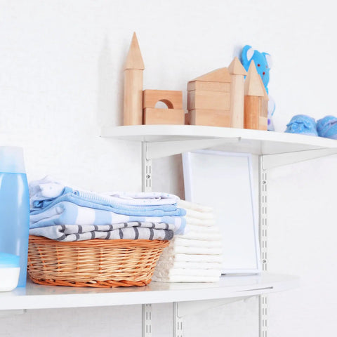 Twin Rail Upright Wall Shelving System Kit 47.5 Inch With 6 Shelf Brackets 14.5 Inch Heavy Duty Adjustable Go To Metal Storage Rack For Kitchen Closet Home Indoor White on wall with baskets and toys