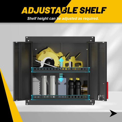 Beefy Heavy Duty Metal Wall Cabinet For Garage with adjustable shelves displaying tools and supplies, wall-mounted steel storage