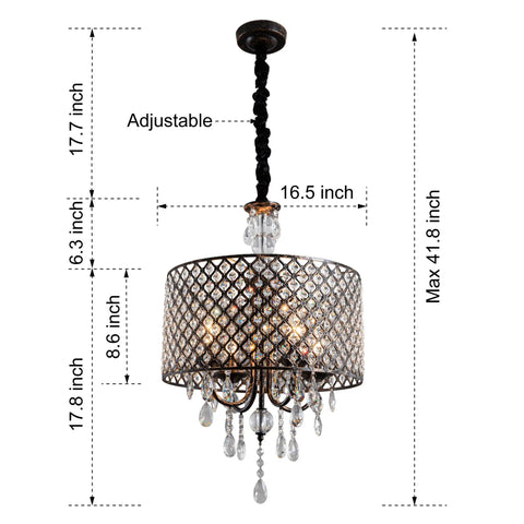 Crystal Drum Chandelier With Bronze Finish Four Light Ceiling Fixture, latticed drum shade with crystals, 16.5 x 41.8 inches