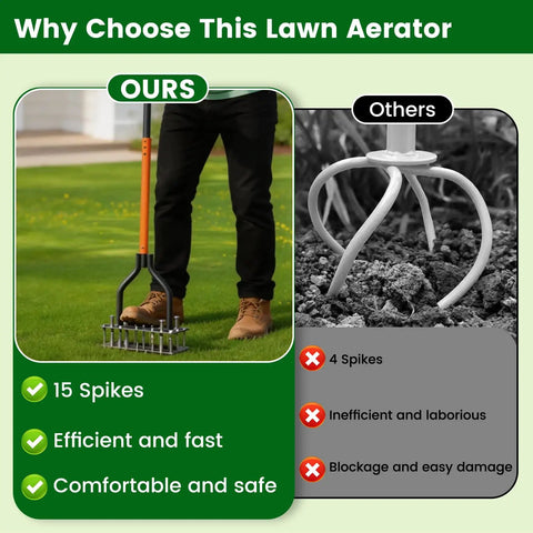 Manual Lawn Aerator Tool With 15 Iron Spikes And Adjustable Height Double Layer Spring in garden comparison with another tool.