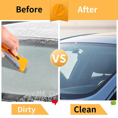 Retractable Glass Scraper Kit With 1 Pack Plastic Handle And 20 Extra Razor Blades, Windshield Sticker Remover, before and after clean