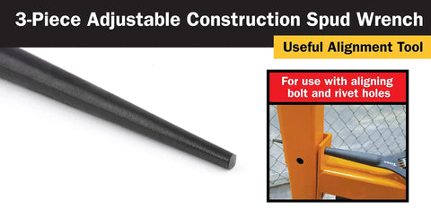 Three-piece adjustable construction spud wrench set with tapered spud handle used for aligning bolt and rivet holes.