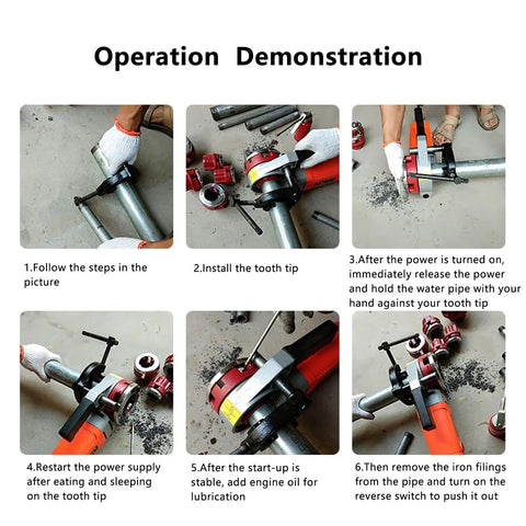 Operation demonstration of Heavy-Duty Electric Pipe Threader For One Half To 2 Inch Conduit, showing installation steps.