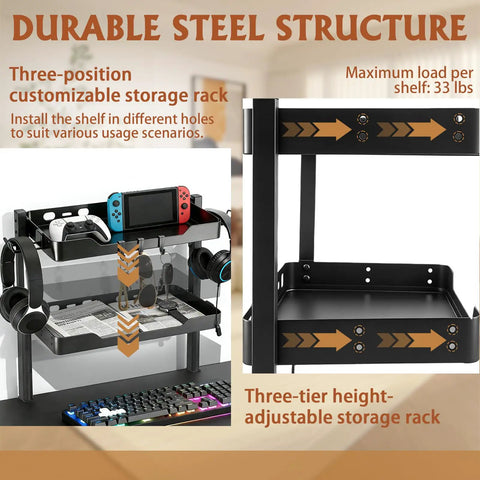 Two-Tier Clamp-On Desk Shelf And Organizer For Under Desk Storage With Hooks And High Load-Bearing Capacity holding gadgets