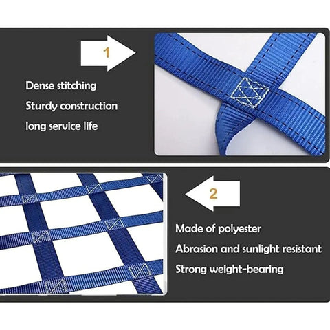 Heavy Duty Nylon Hoist Lifting Net For Cargo And Industrial Gear Transport Delivers Hella Tough Tear Resistant Performance With Two Ton Load Capacity close-up of dense stitching and sturdy blue polyester construction.
