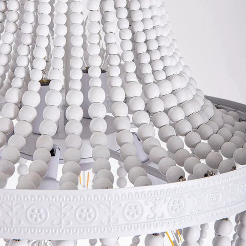 Close-up of Six Light Boho Wood Beaded Chandelier Rustic Farmhouse Pendant Light For Dining Room Kitchen Living Room Hallway Foyer Entryway White