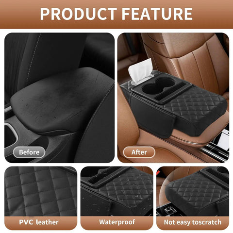 Before and after of 5-In-1 Universal Car Center Console Cover With Cup Holder And Armrest Upgrade Cushion, PVC Leather Black