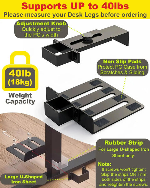 Under Desk PC Mount Clamp On CPU Holder With Non Slip Pads, Adjustable Height And Width for Desks, No Drilling, 40 lb capacity