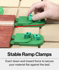 Hand adjusting Matchfit Workholding Clamp Kit And Dovetail Router Bit Bundle with 1/4 inch shank on wooden CNC setup