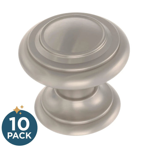 10-Pack Satin Nickel Cabinet Knobs Set One And One Eighth Inch Round With Simple Double Ring For Cabinets Dressers Drawers Kitchen Doors Vanity