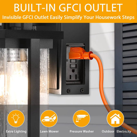 Dusk To Dawn Outdoor Light With GFCI Outlet Bubble Glass Exterior Wall Mount Fixture showing built-in GFCI outlet with orange plug