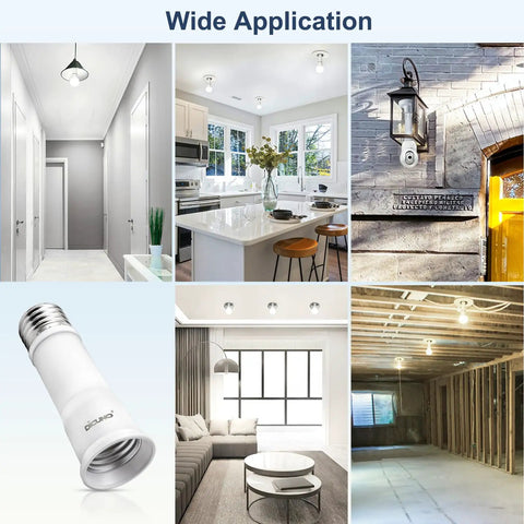 Flexible E26 Socket Extender Adapter With Adjustable Reach in various home settings and fixtures, including kitchen and hallway.