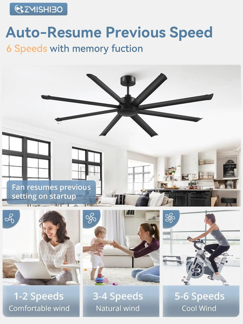84 Inch Large Ceiling Fan Without Light With 8 Aluminum Blades 6 Speed Remote Quiet DC Motor Industrial Indoor Outdoor Fan in living room